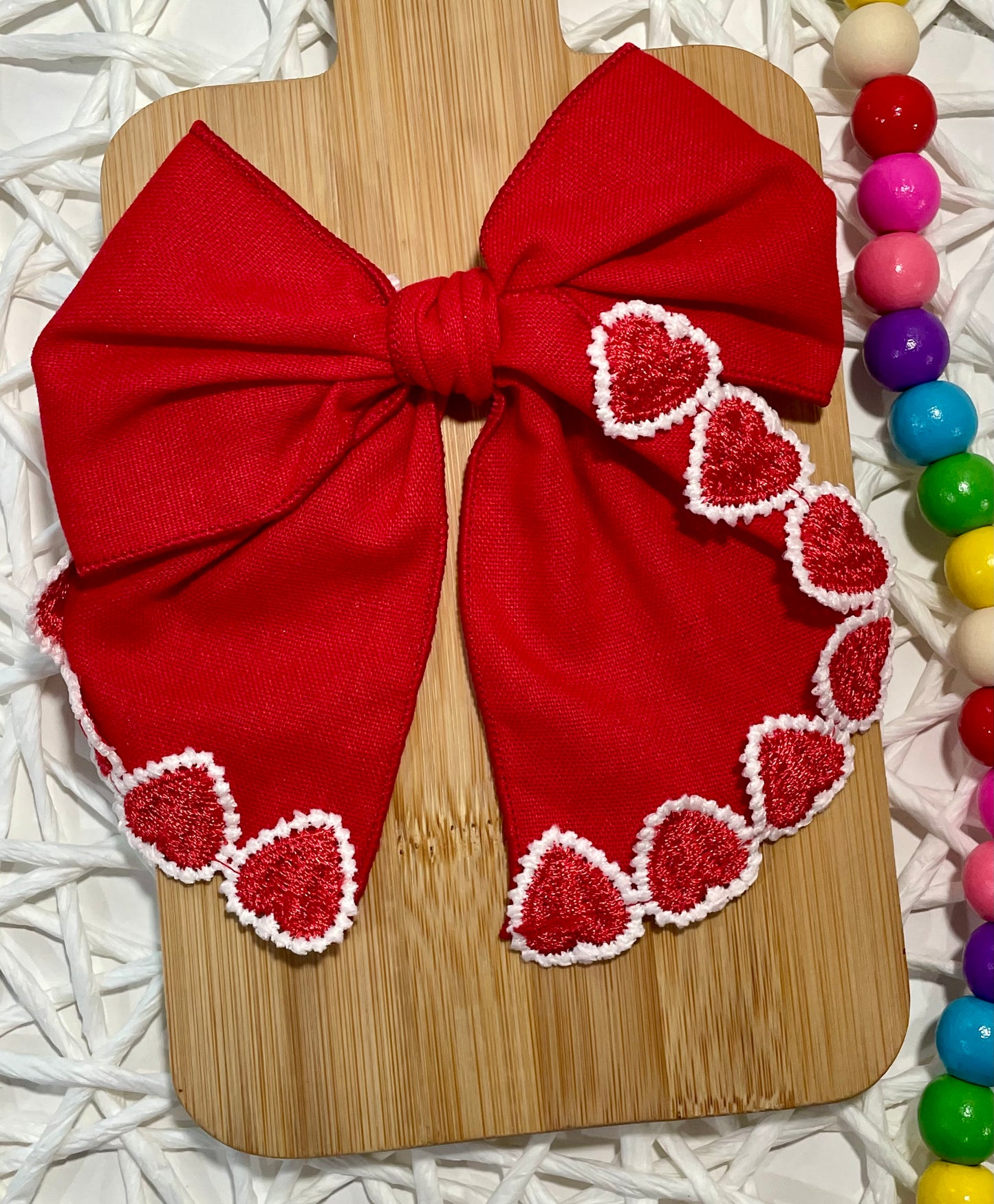 Red Embroidered Hearts 5.5in Serged