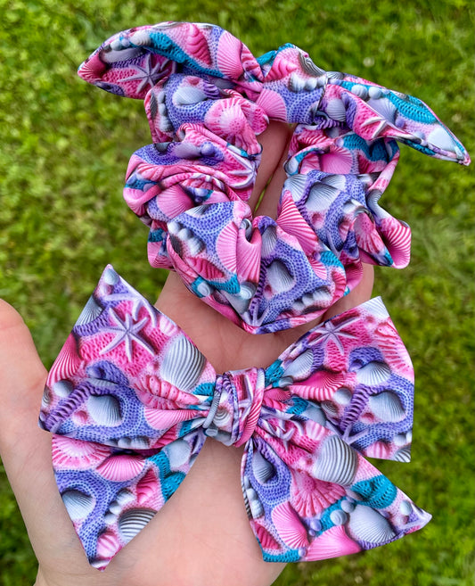 Pink & Purple Seashells 5in Hand Tied Bow or Scrunchie