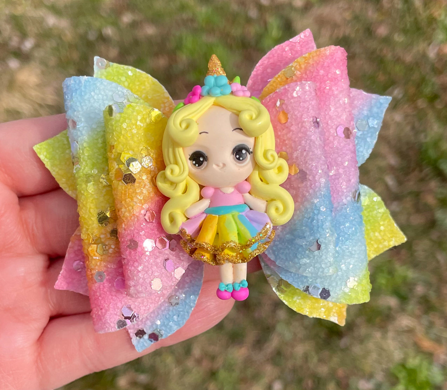 Rainbow Unicorn Girl Clay 3.5in Jasmine Bow