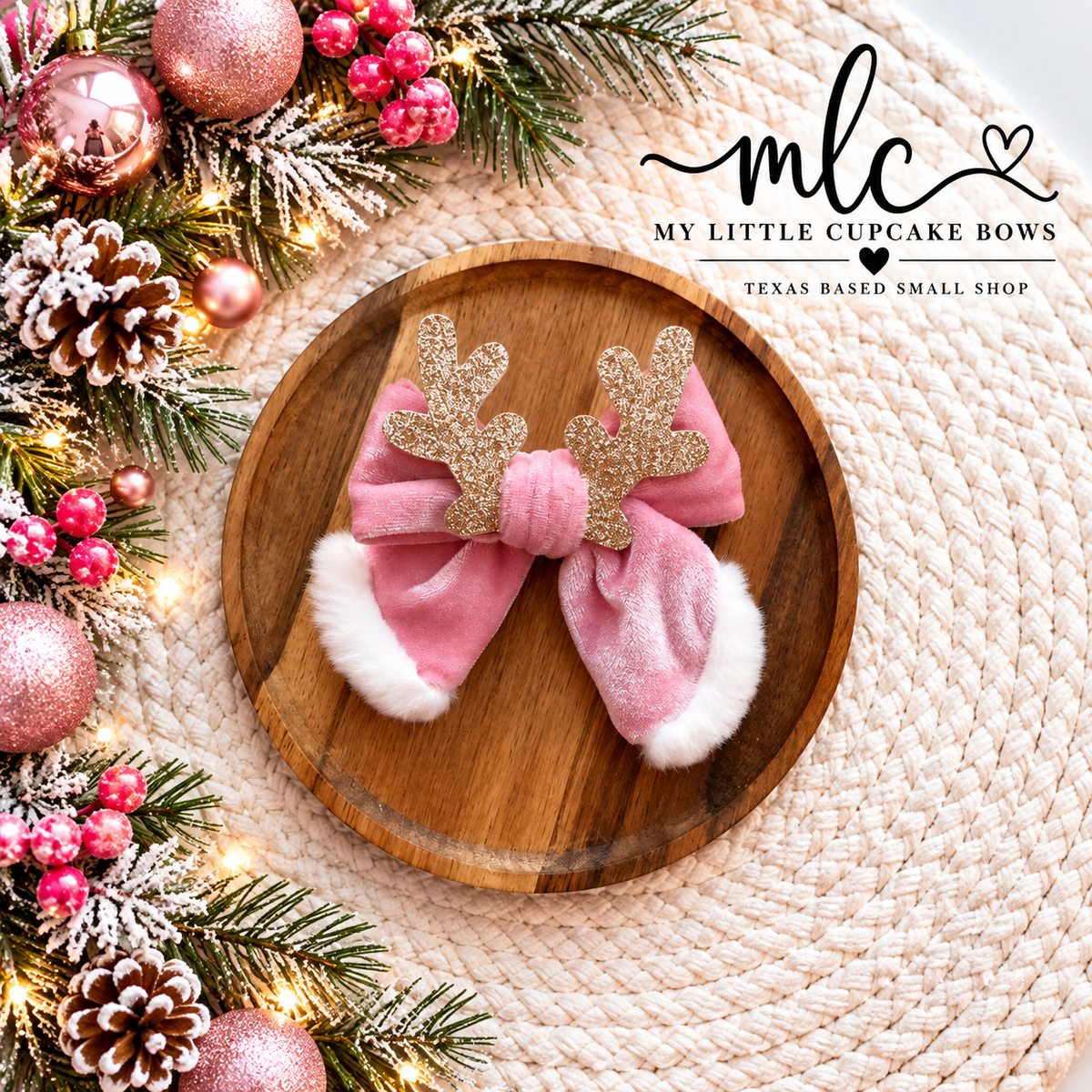 Pink Reindeer Ears Fur Hand Tied