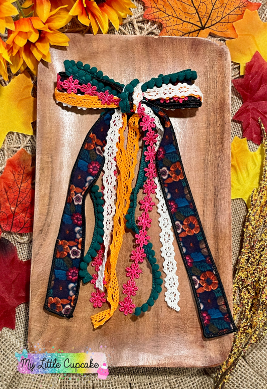 Autumn Florals & Lace Ribbon Funky Bow