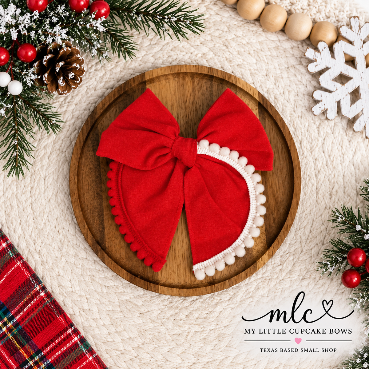 Red & White Linen Pom Serged Bow