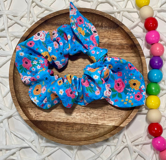 Rainbow Floral Blue Scrunchie