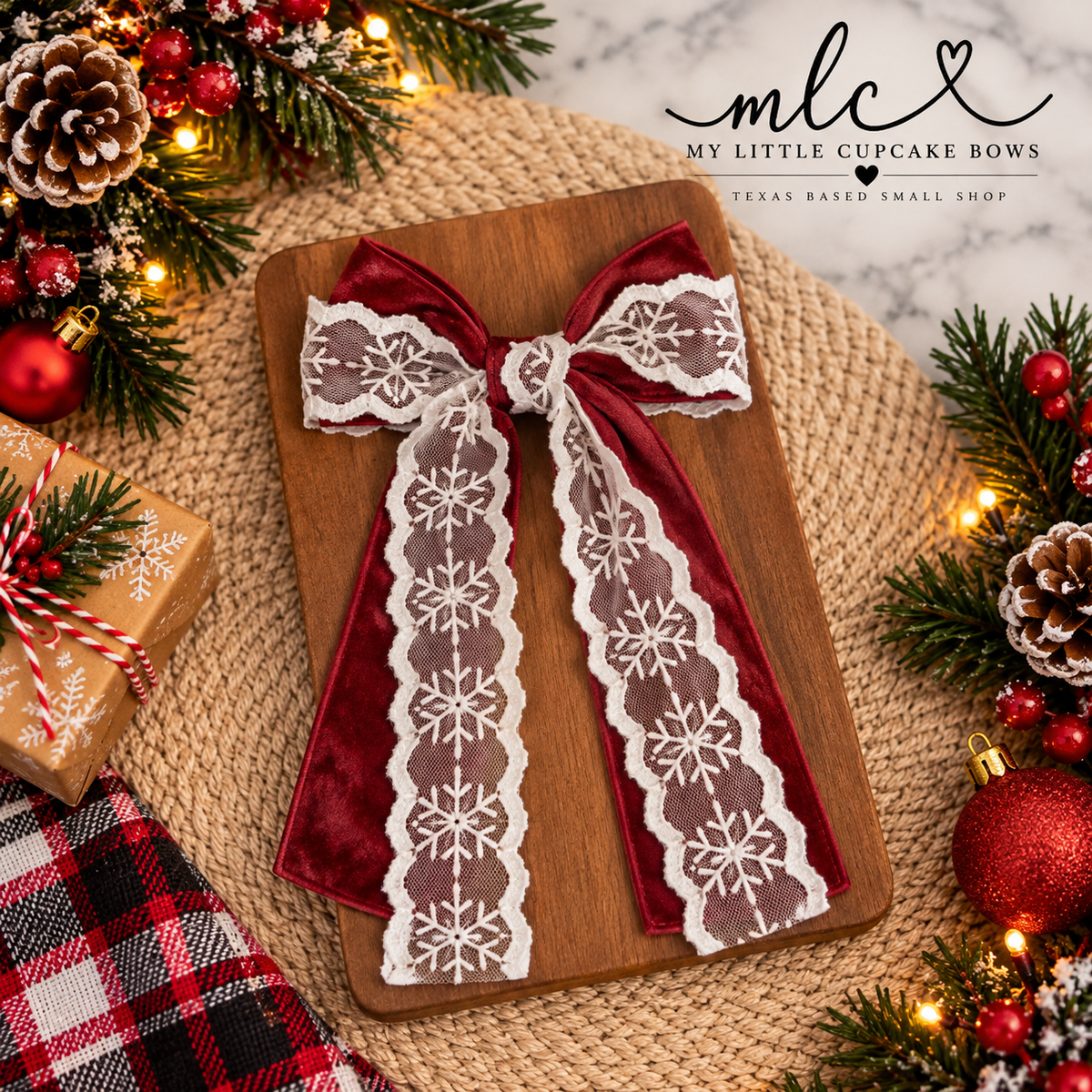 Wine Crushed Velvet w Snowflake Lace Long Tail