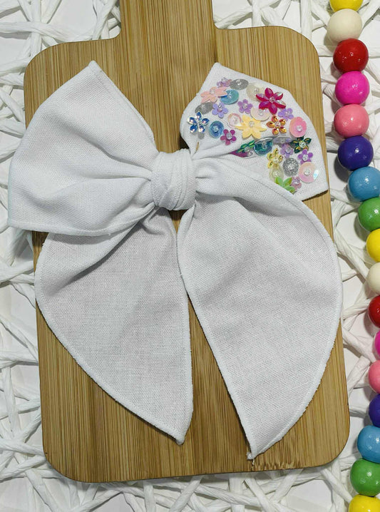 White Linen w Rainbow Sequins Serged