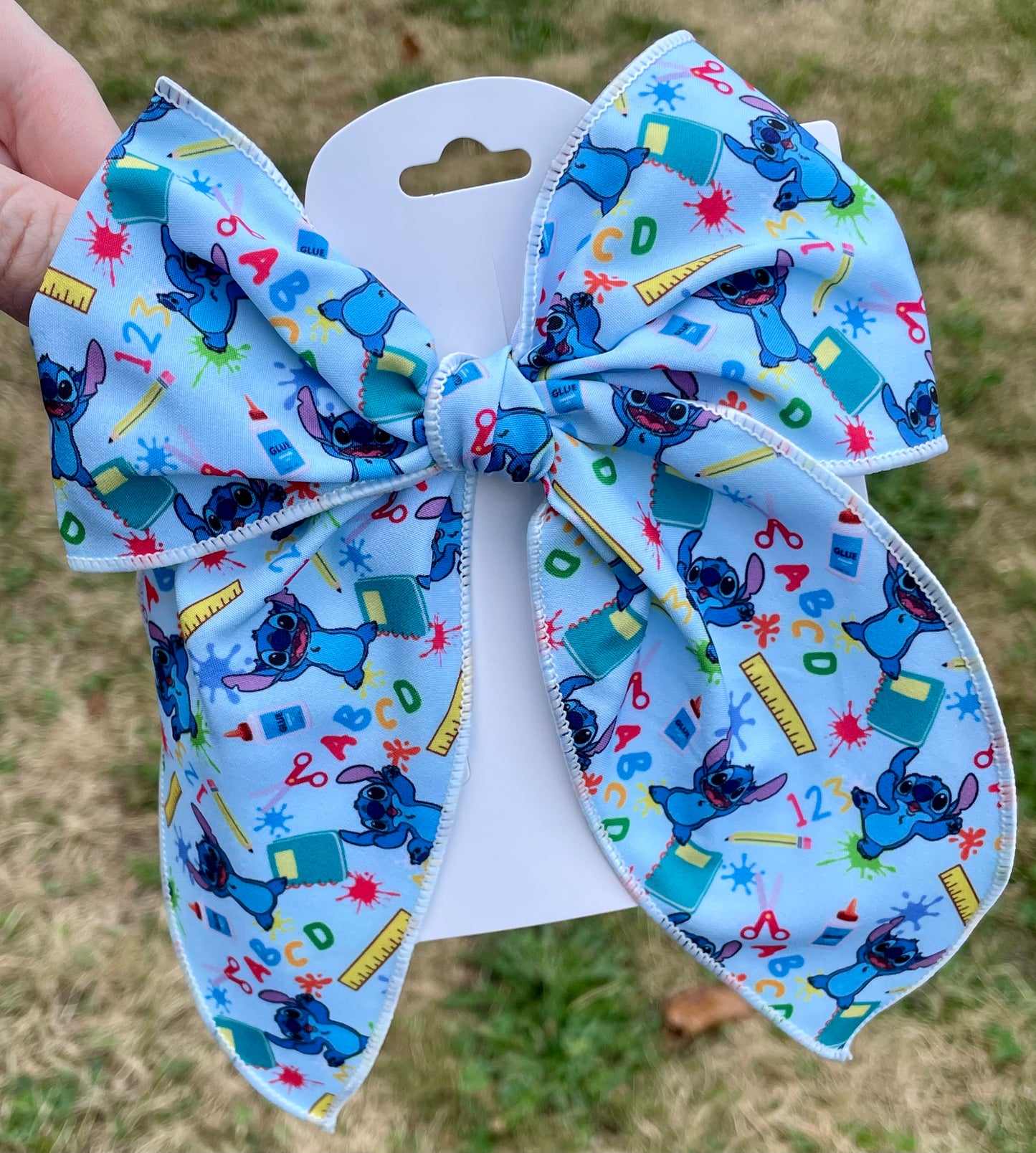 Stitch Goes to School 5-6in Serged Hand Tied Bow