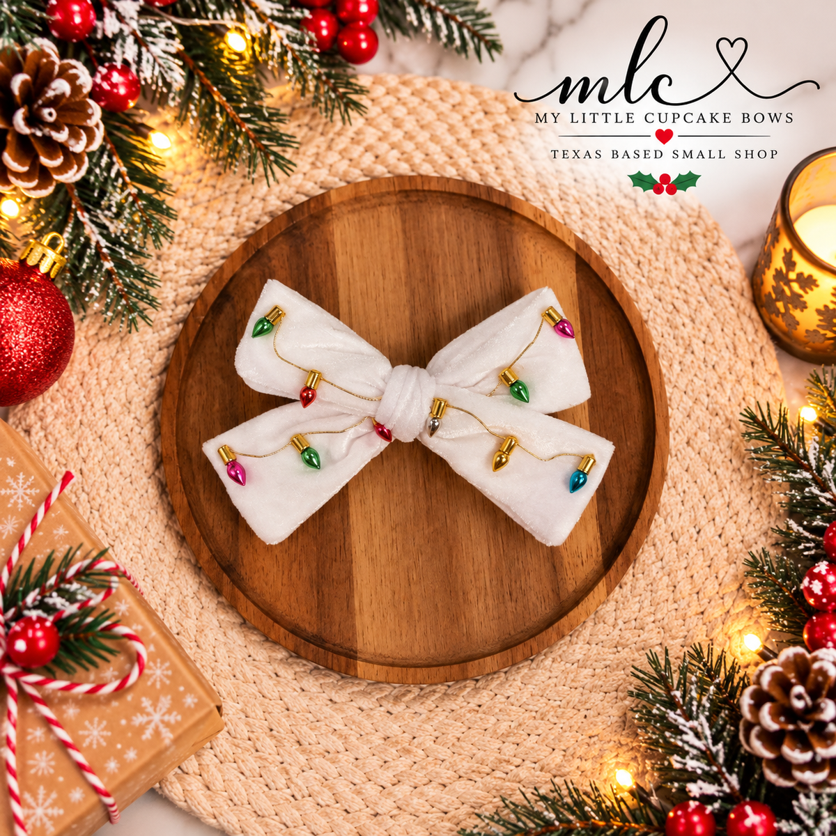 Christmas Lights Velvet Hand Tied Bow