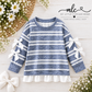 Blue Grey Striped Ruffled Trim Bow Top