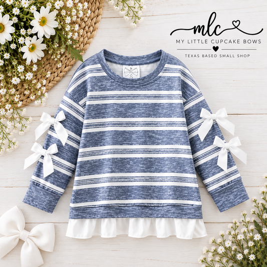 Blue Grey Striped Ruffled Trim Bow Top