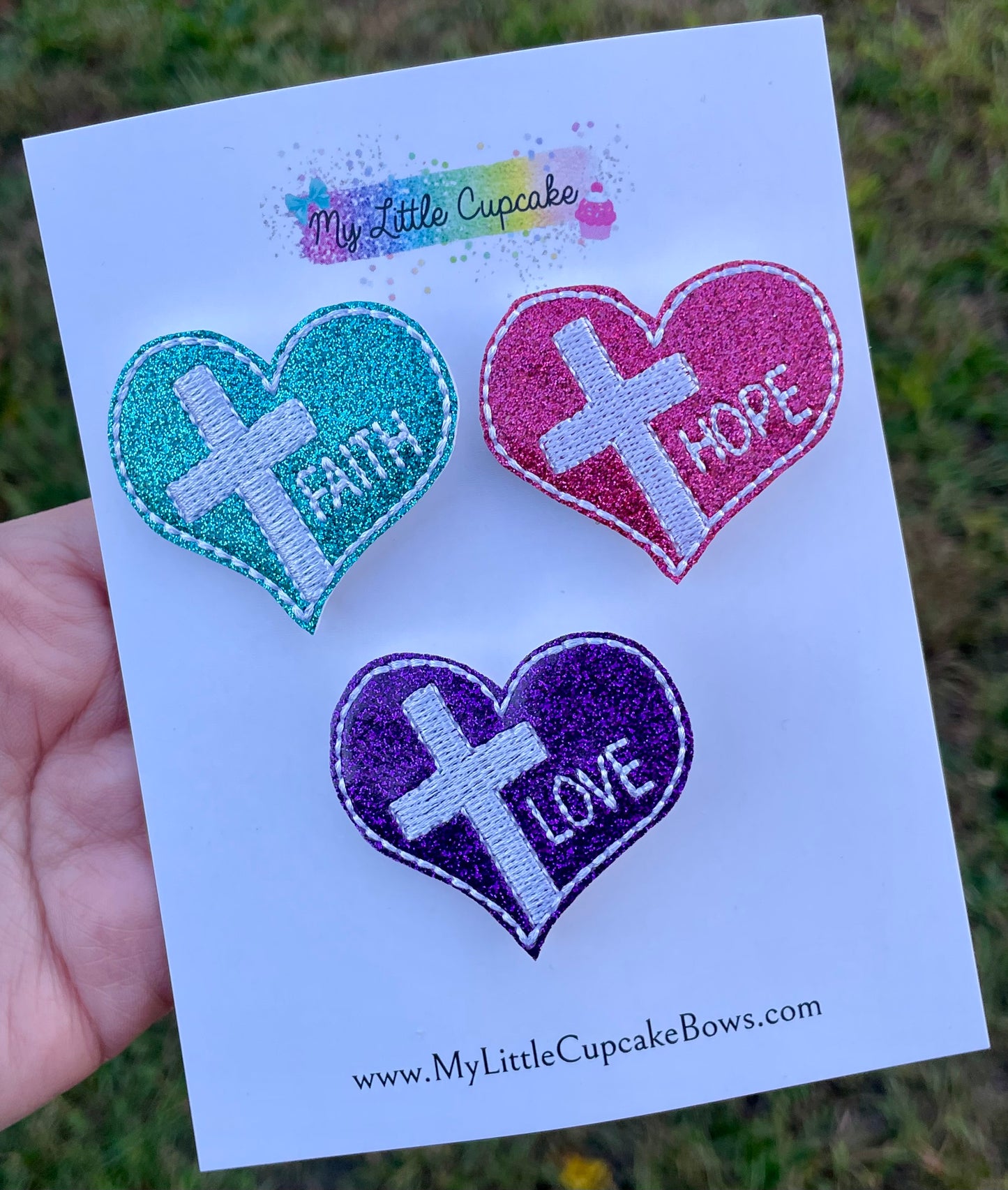 Faith, Hope, Love Hearts Feltie Clips