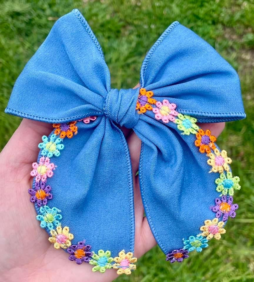 Chambray Rainbow Embroidered Floral 4.5in Serged Hand Tied Bow