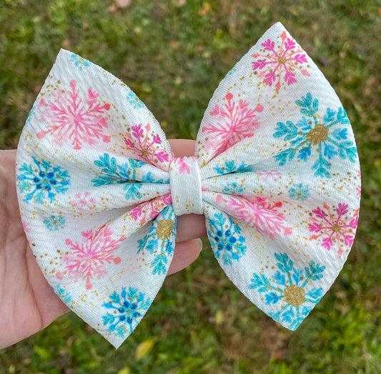 Pink & Blue Snowflakes Fabric Bow