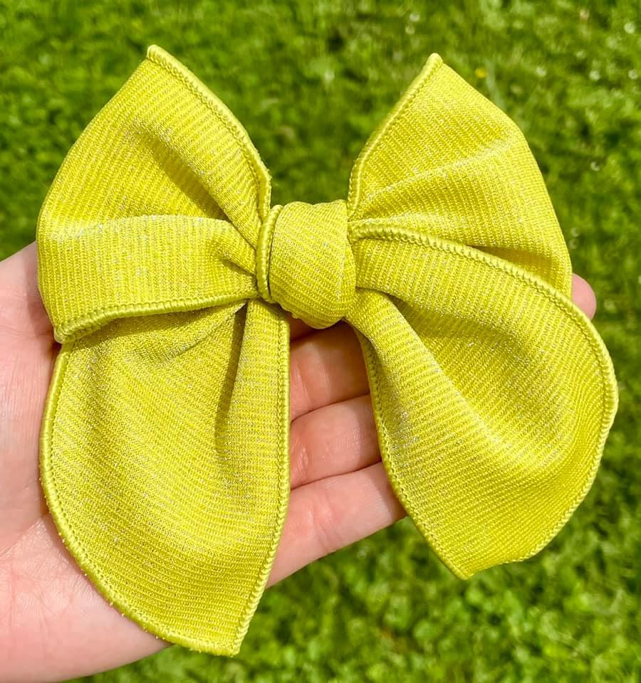 Lemon Lime Shimmery 4.5in Serged Hand Tied Bow