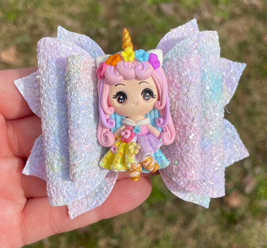 Pastel Watercolor Princess Unicorn Clay 3.5in Jasmine Bow