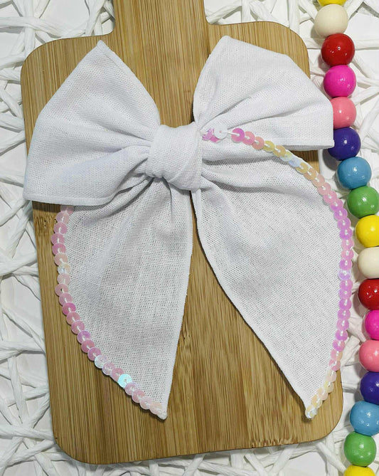 White Linen w Iridescent Sequins 5.5in Serged