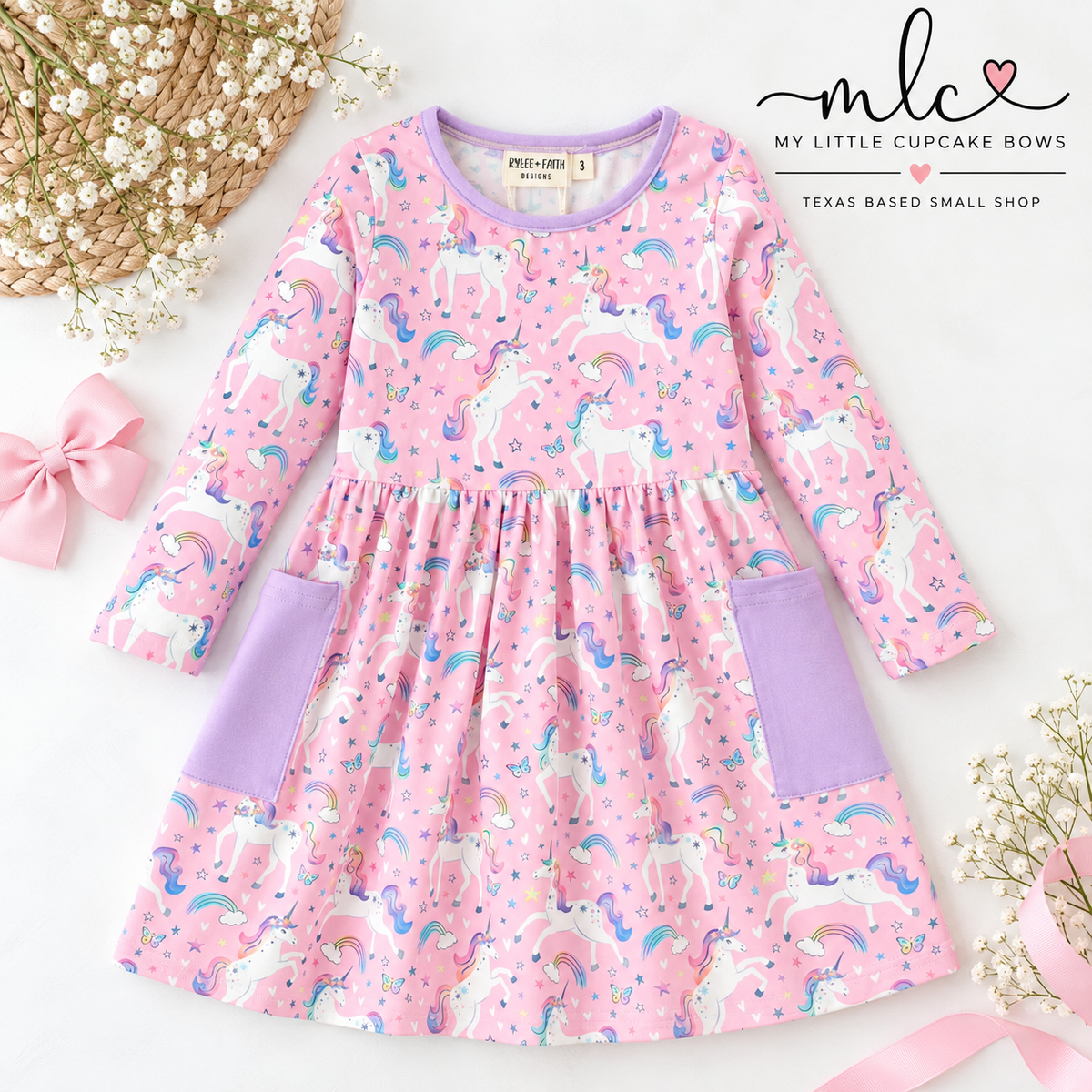Pink Unicorn Girls Pocket Dress Rainbow Star Print
