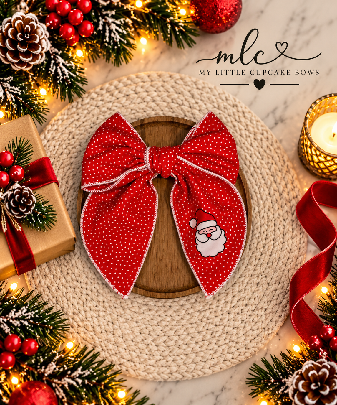 Santa Polka Dots Serged Bow