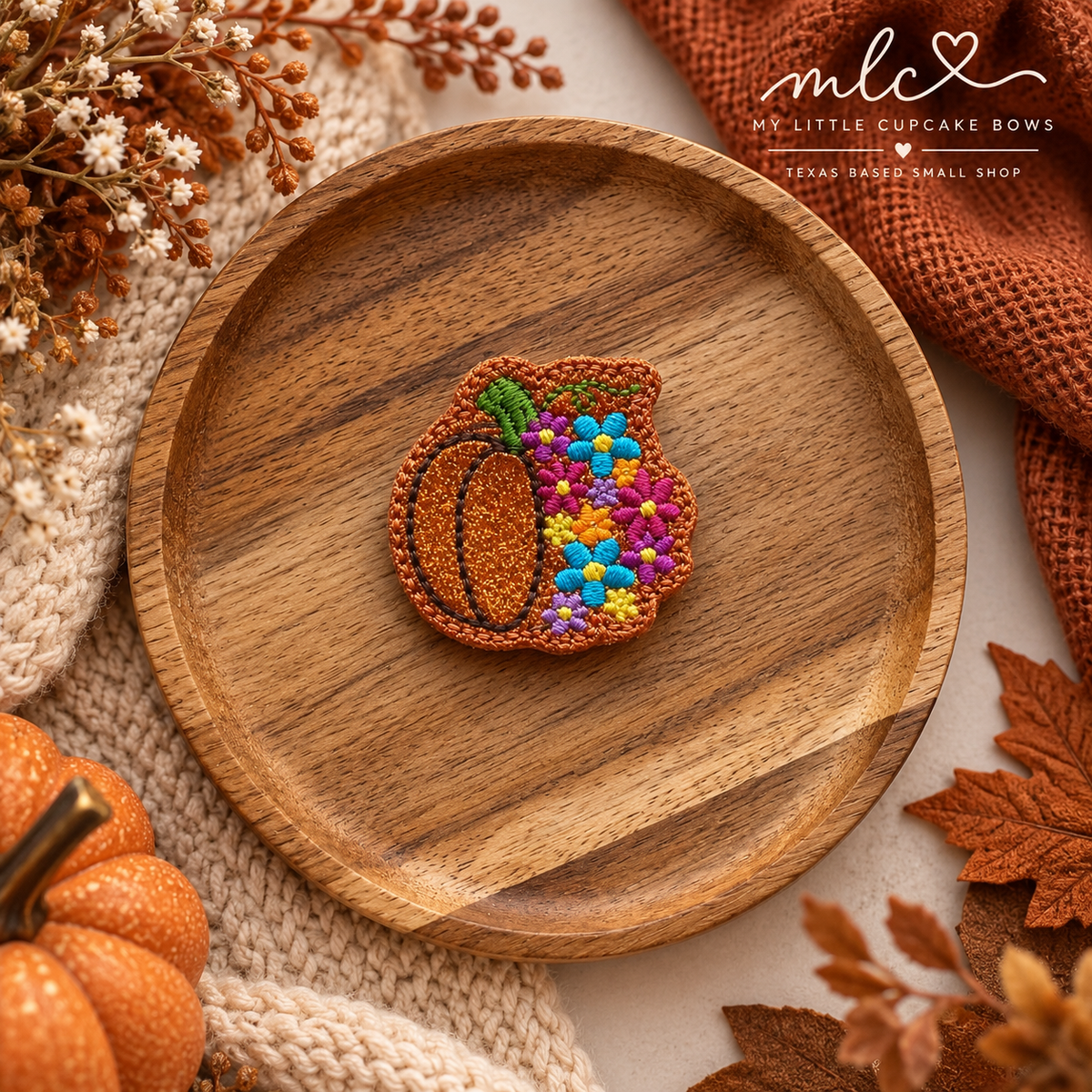 Floral Orange Pumpkin Feltie Clip
