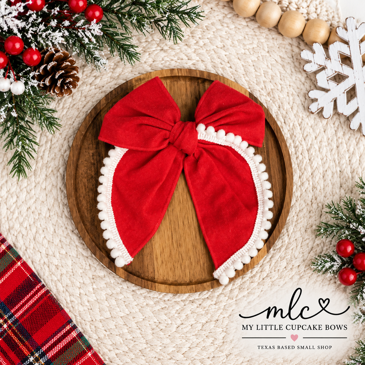 Red Linen w White Pom Serged Bow