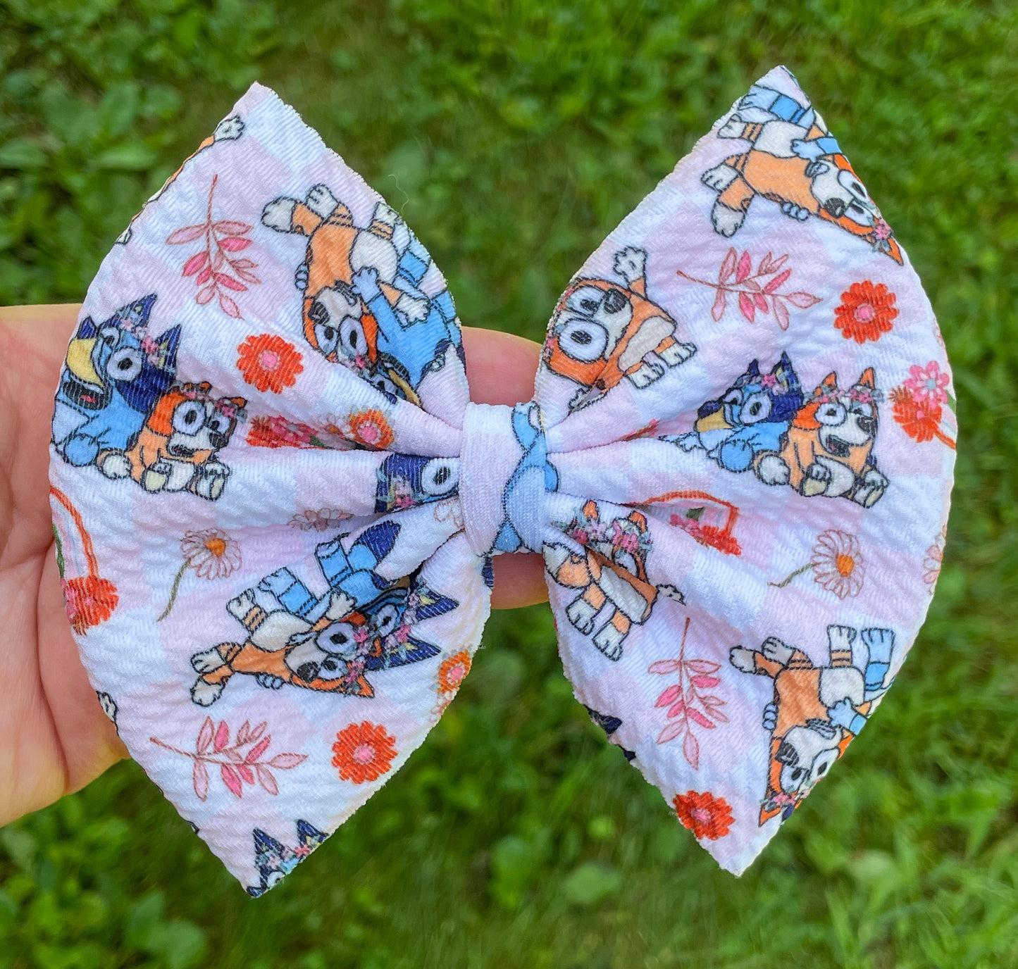 Blue Dog Floral Rainbows Fabric Bow