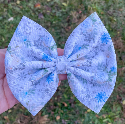 Frosty Blue & White Floral Fabric Bow