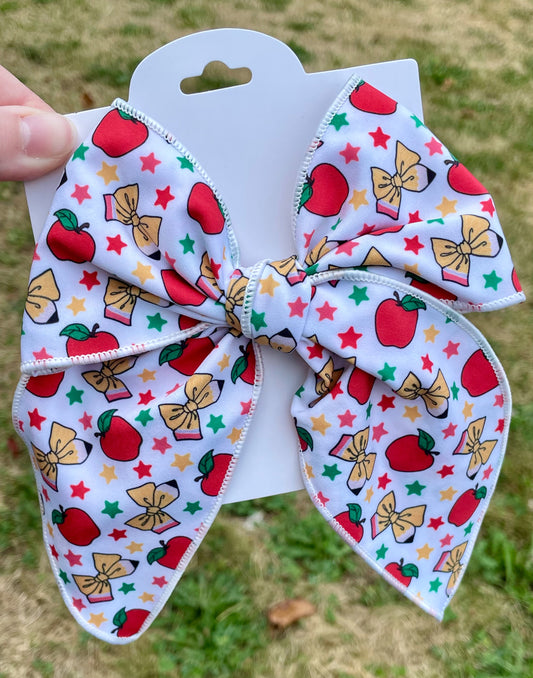 Apples & Pencil Bows 5-6in Serged Hand Tied