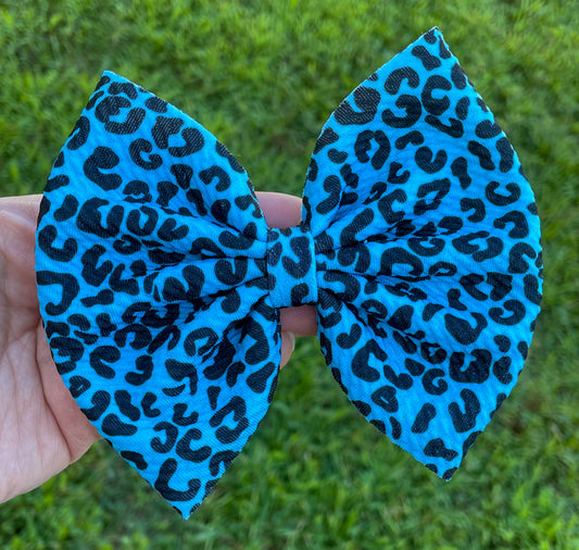Neon Blue Leopard Fabric Bow