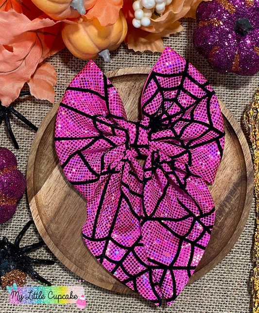 Hot Pink Spiderwebs Holo Fabric