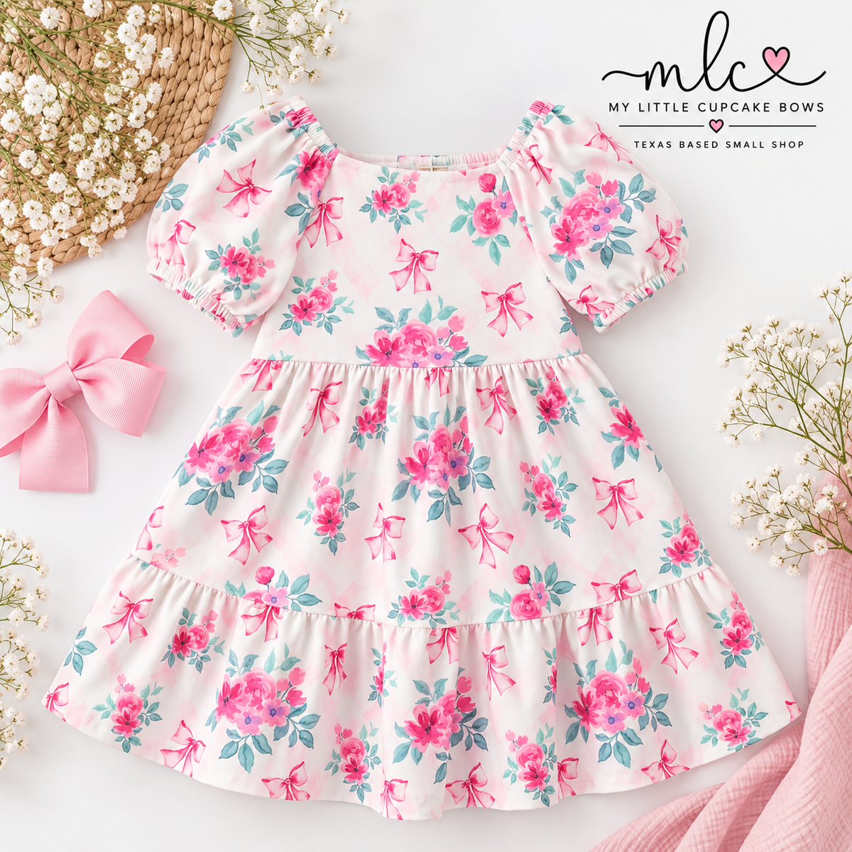 Fall Pink Floral Puff Sleeve Dress