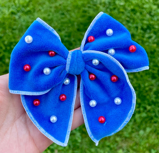 Patriotic Blue Pearled Velvet 4in Serged Bow