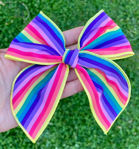 Muted Rainbow Stripes 4.5in Serged Hand Tied Bow