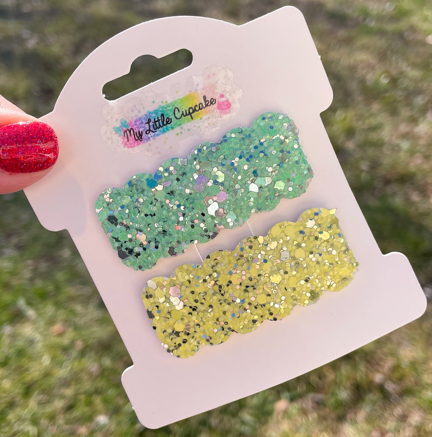 Green & Yellow Bling Glitter Snap Clip Set