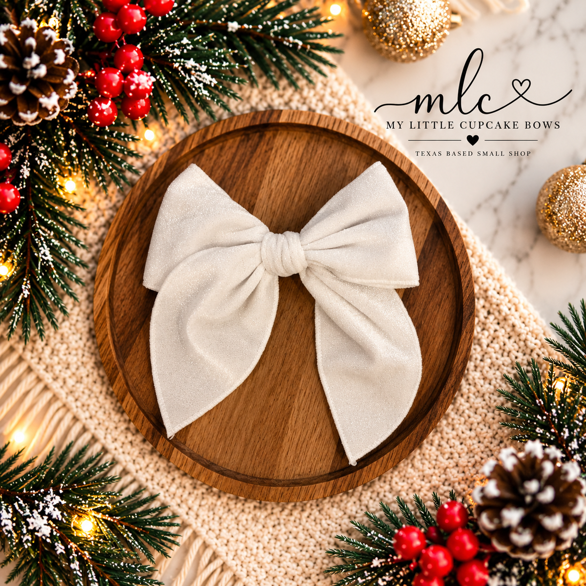 White Solid Velvet Serged Bow