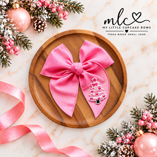 Pink Linen Embroidered Tree Serged Bow