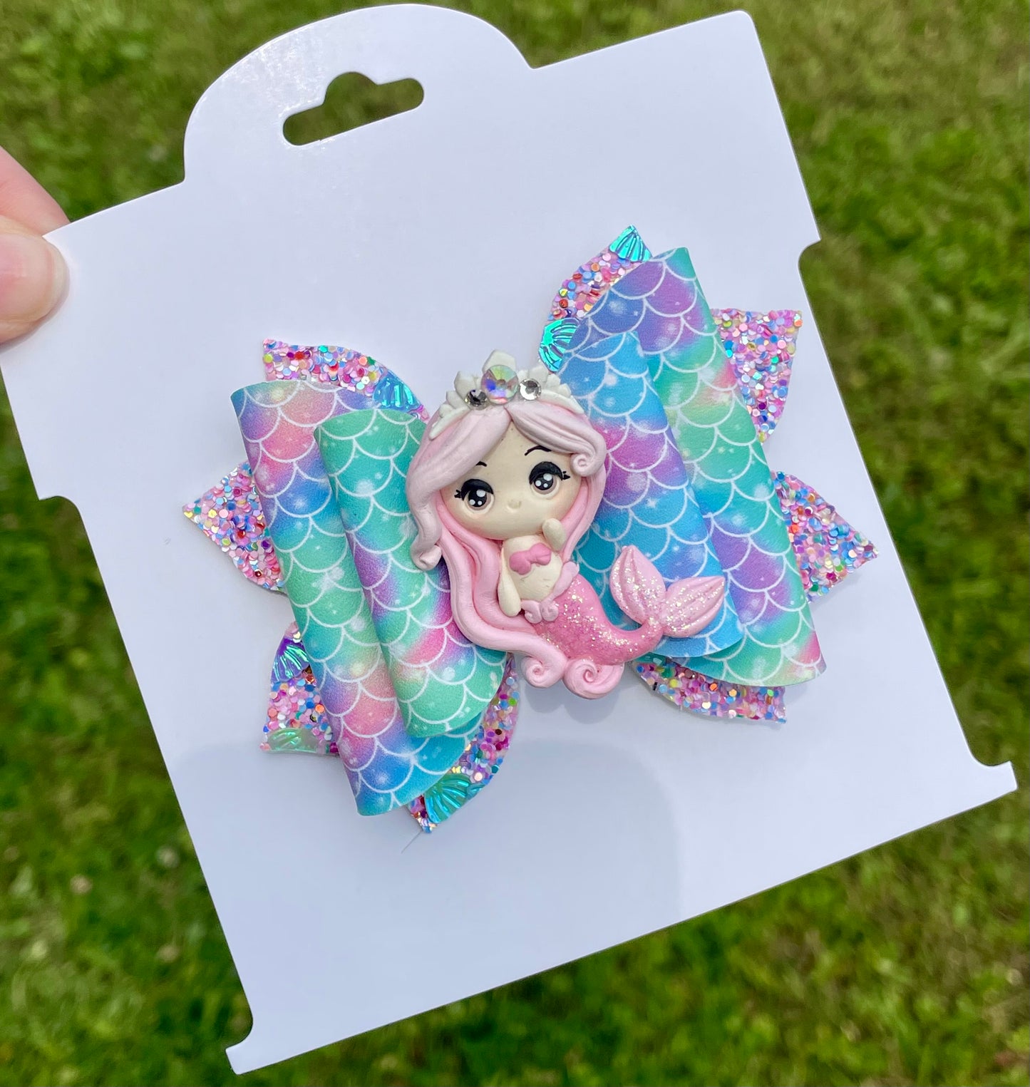 Watercolor Mermaid Clay 3.5in Jasmin Bow