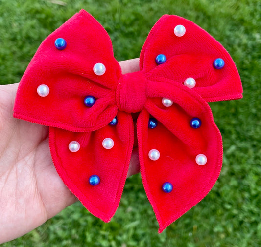 Patriotic Red Pearled Velvet 4in Serged Bow