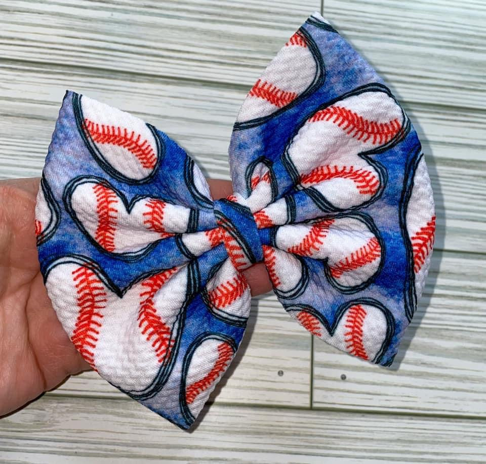 Blue Jean Baseball Hearts Fabric Bow