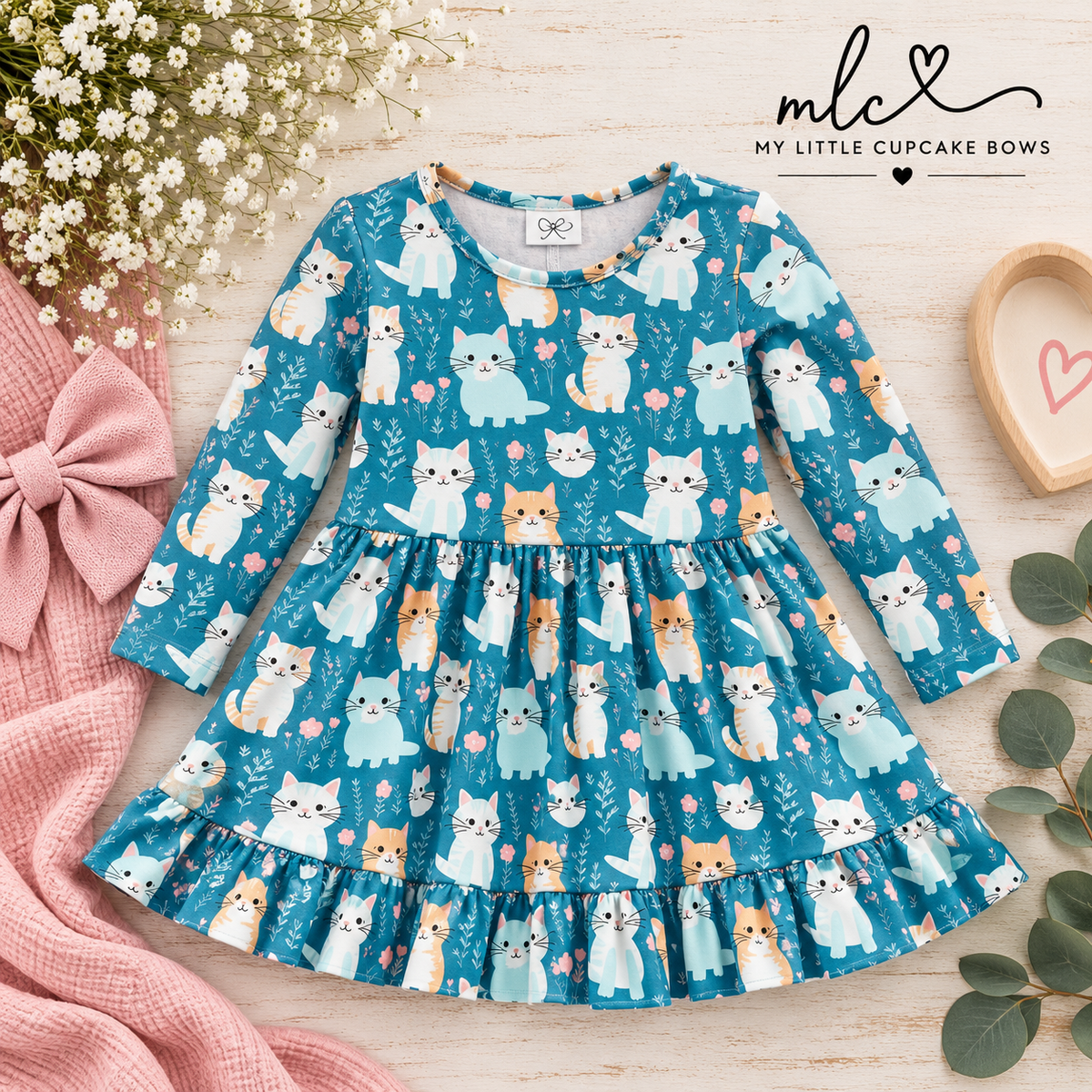 Cat Print Ruffle Dress