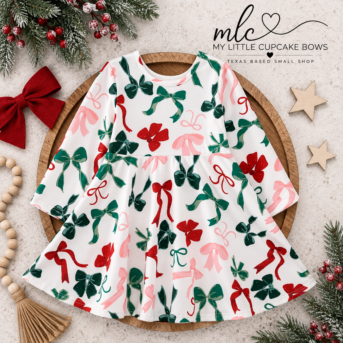 Girls Christmas Bow Print Dress
