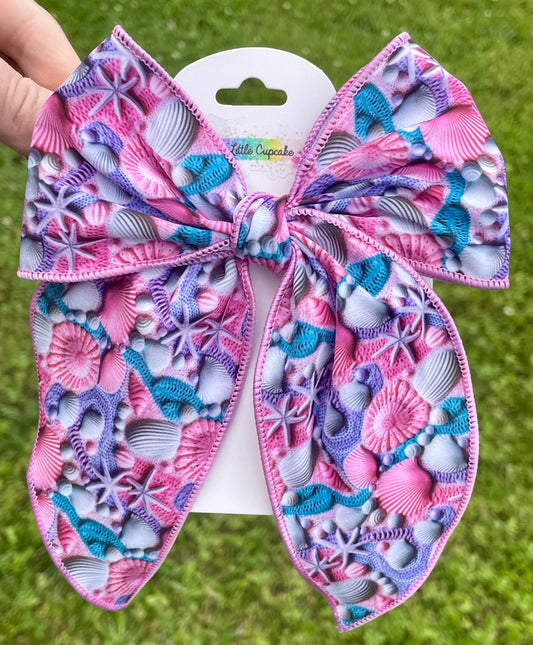 Pink & Purple Seashell 5-6in Serged Hand Tied Bow