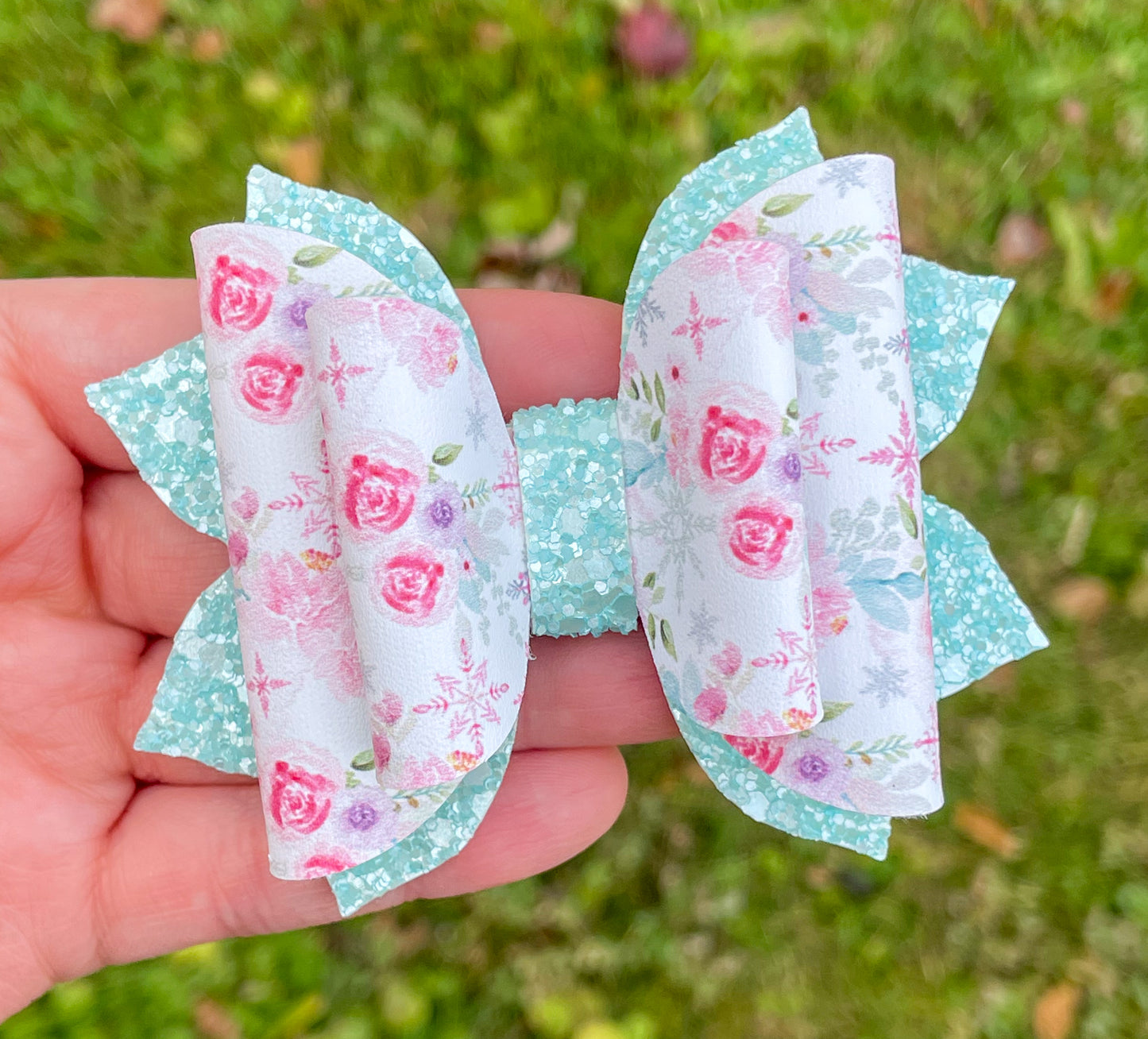 Aqua Winter Floral 3.5in Jasmine Bow