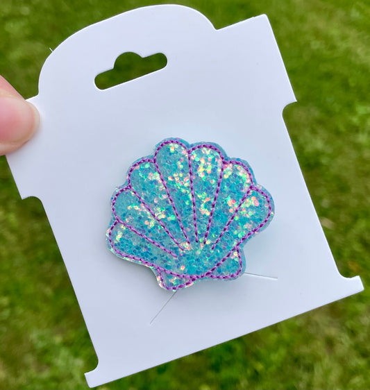 Aqua Glitter Seashell Feltie Clip