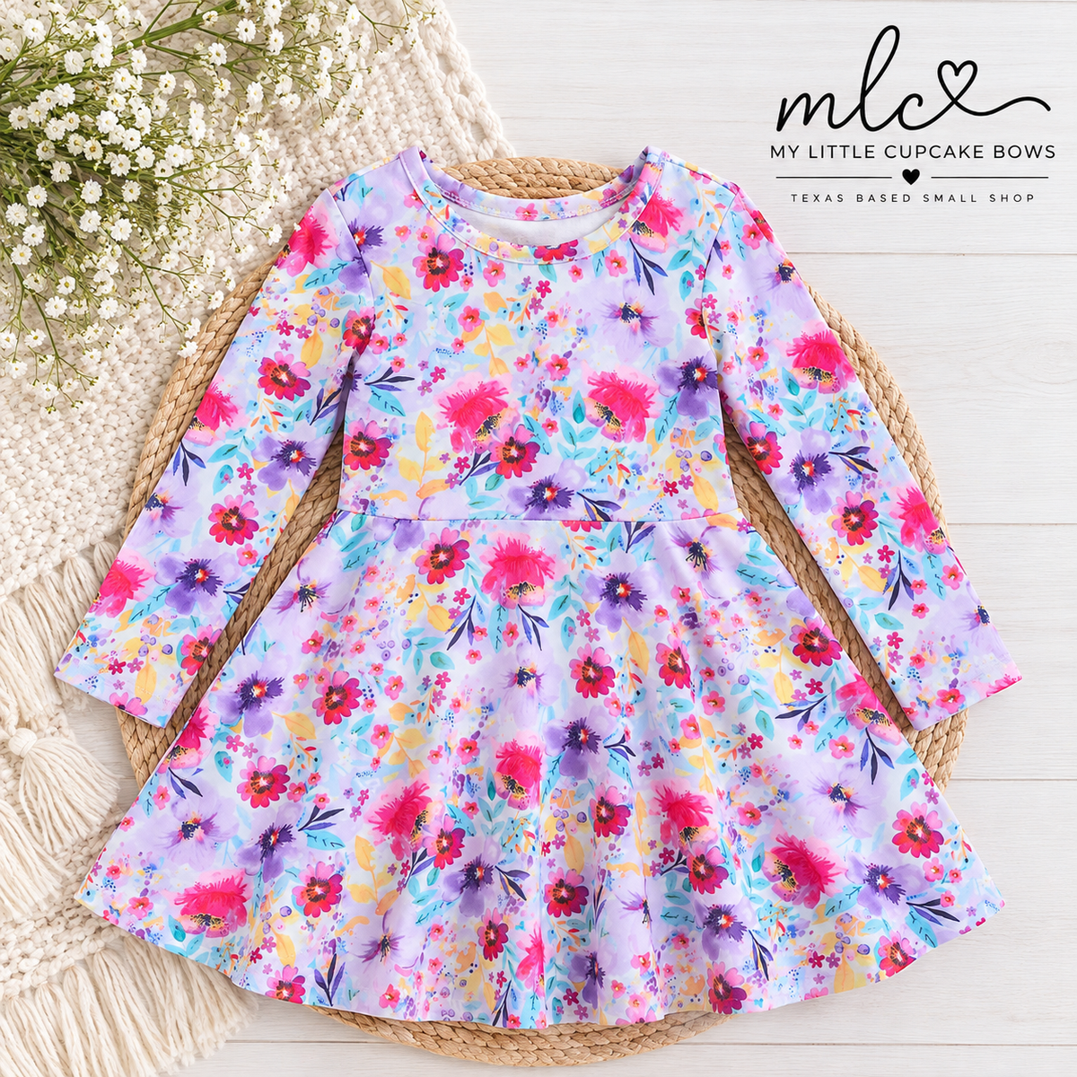 Watercolor Floral Ruffle Hem Twirl Dress