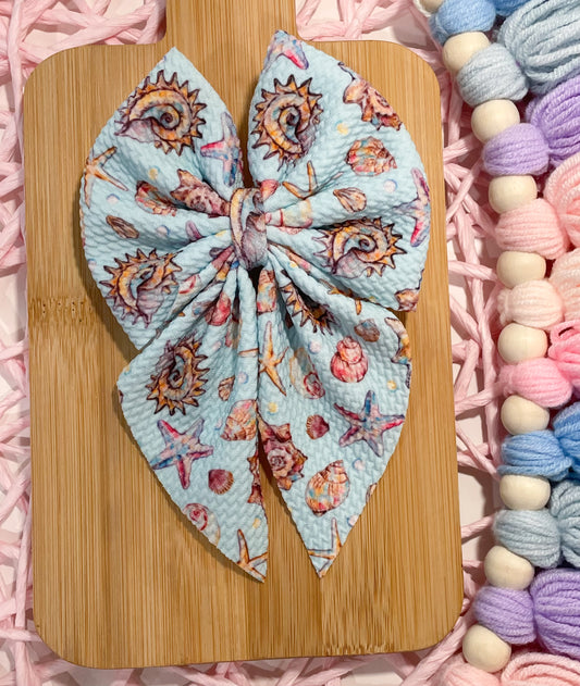 Aqua Seashells Fabric Bow