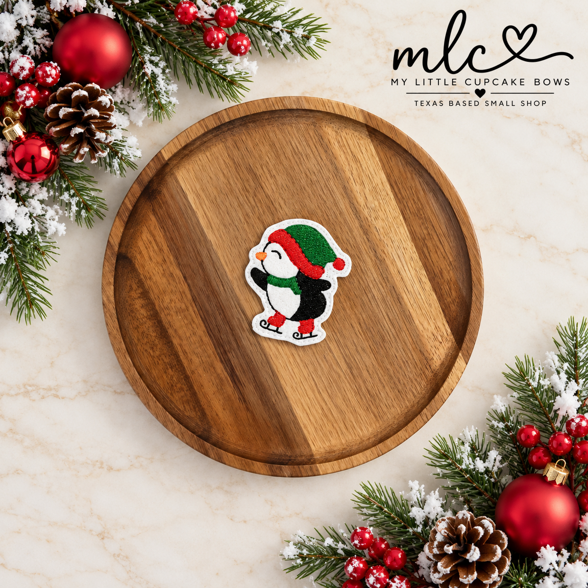 Red & Green Skating Penguin Feltie Clip