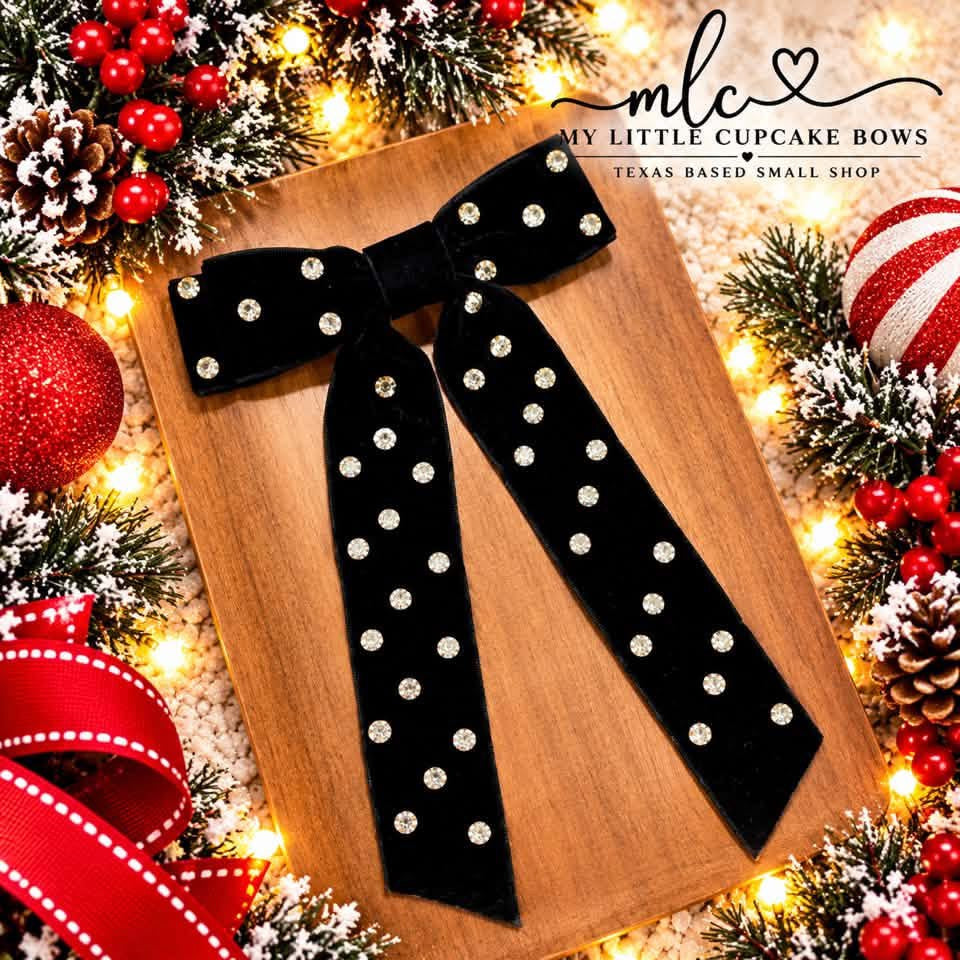 Black Velvet Ribbon w Rhinestone Long Tail