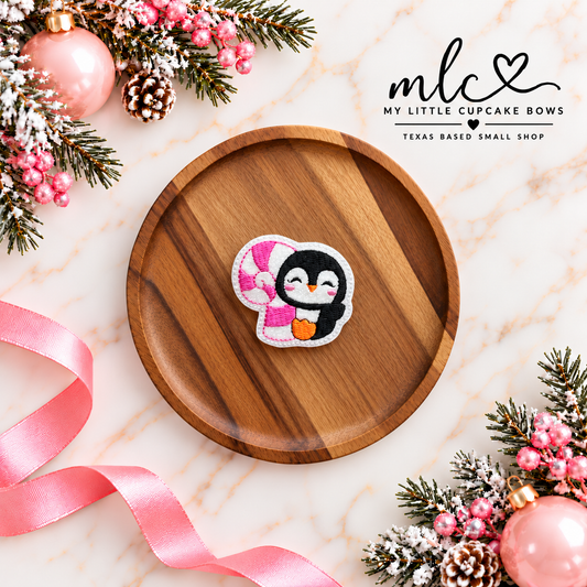 Penguin w Pink Candy Cane Feltie Clip