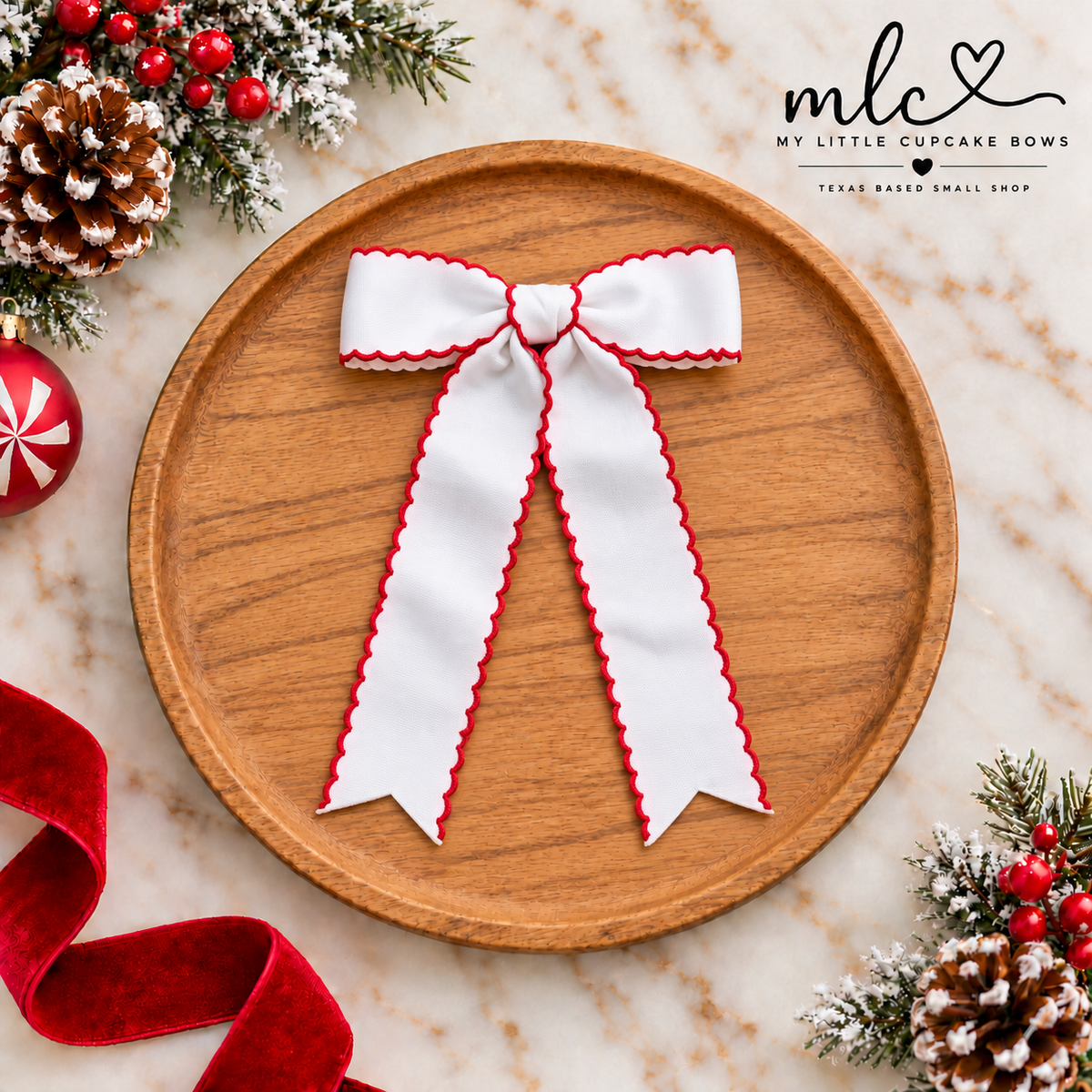 White and Red Moonstitch Ribbon Bow
