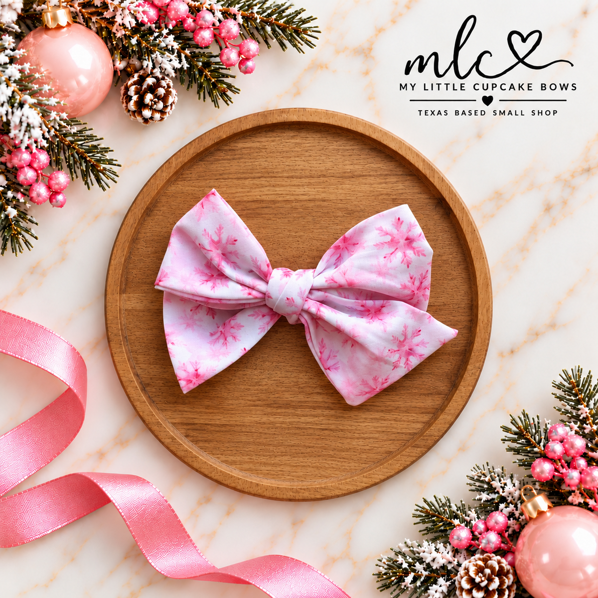 Pink Snowflakes Hand Tied Bow