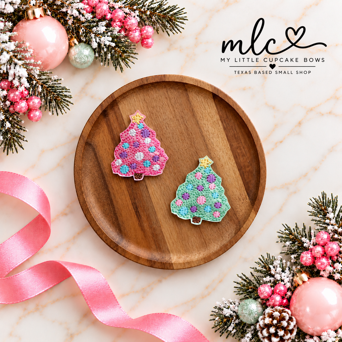 Pink & Mint Christmas Tree Feltie Clips
